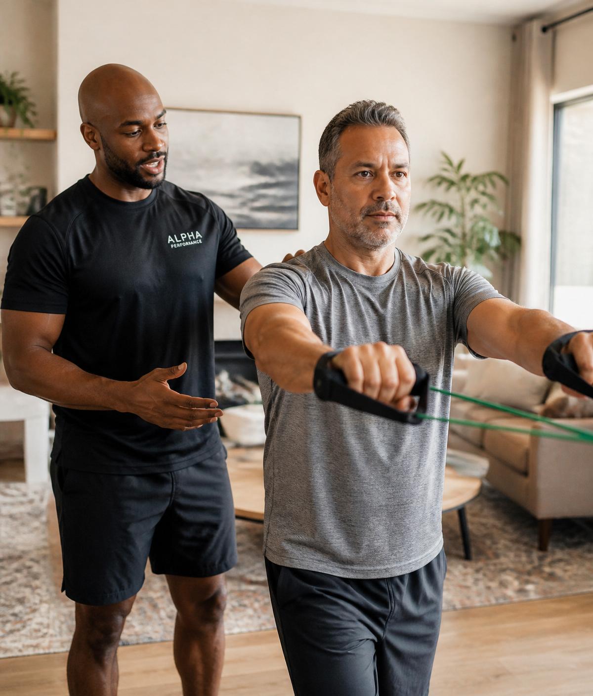D2D Fitness trainer working with client on resistance bands